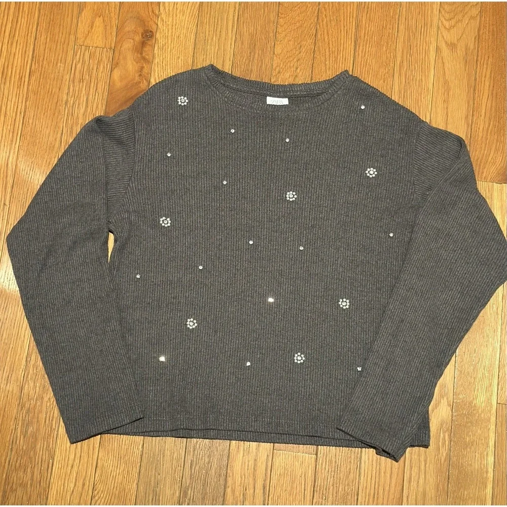 Zara Girls Winter Collection Ribbed Texture Top Size 13-14, Pearls & Rhinestones